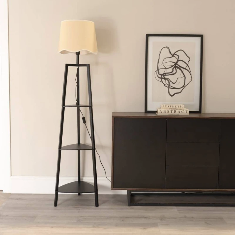 Image of ValueLights Hiru Black Three Tier Wooden Floor with Linen Trim Scallop Tapered Shade & Bulb White