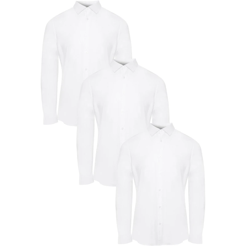 Image of Threadbare 3 Pack 'Wymonham' Cotton Long Sleeve Shirts With Stretch White