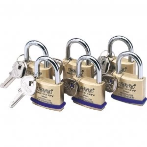 Image of Draper Solid Brass Padlock Pack of 6 Keyed Alike 40mm Standard