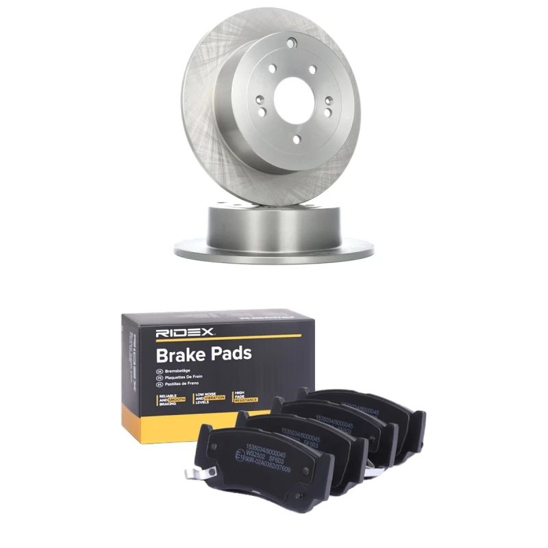 Image of RIDEX 3405B3377 Brake disc and pads set Rear Axle, Brake Disc Type: solid, with acoustic wear warning Brake Set,disc brakes (3405)