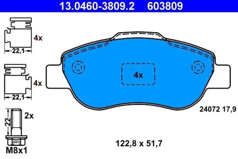 Image of ATE 13.0460-3809.2 Brake pad set excl. wear warning contact, with accessories, with brake caliper screws Brake Pad Set,disc brake (402)