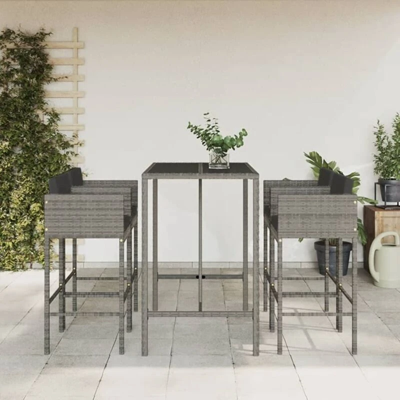 Image of vidaXL 5 Piece Garden Bar Set with Cushions Grey Poly Rattan, Grey 3203925
