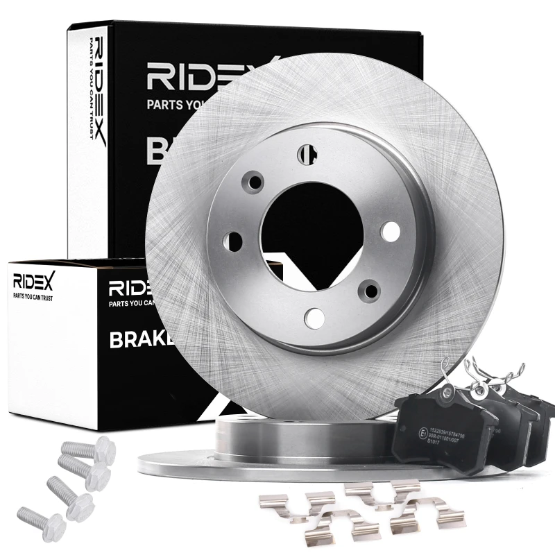 Image of RIDEX 3405B1090 Brake disc and pads set with accessories, Rear Axle, Brake Disc Type: Solid, not prepared for wear warning indicator Brake Set,disc b