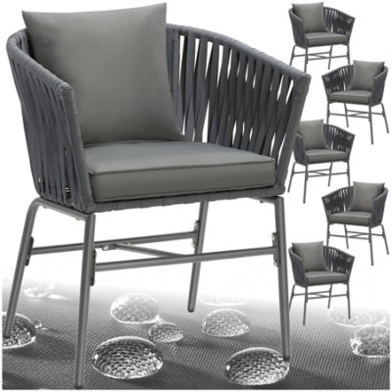 Image of Tectake Accent Chair Valeiras - Woven Rope Design, Thick Cushions, 60 X 61 X 77Cm - Dark Grey/dark Grey - Set Of 6