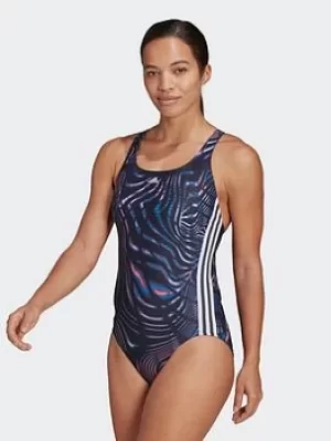 Image of adidas Souleaf Graphic 3-stripes Swimsuit, Black, Size 30, Women