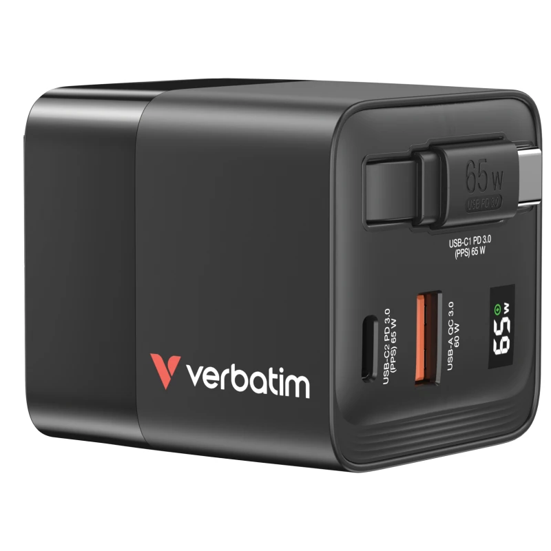 Image of Verbatim Verbatim GaN Charger 65 W Travel charger 65 W 1x USB-A, 1x USB-C Power Delivery, Power Delivery 3.0, QC 3.0 Black Quick charger, GaN, incl.