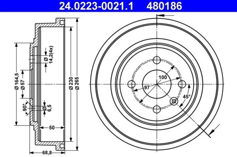 Image of ATE 24.0223-0021.1 Brake Drum 265,0mm Brake Drum (123)