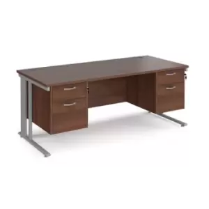 Image of Office Desk Rectangular Desk 1800mm With Double Pedestal Walnut Top With Silver Frame 800mm Depth Maestro 25 MCM18P22SW