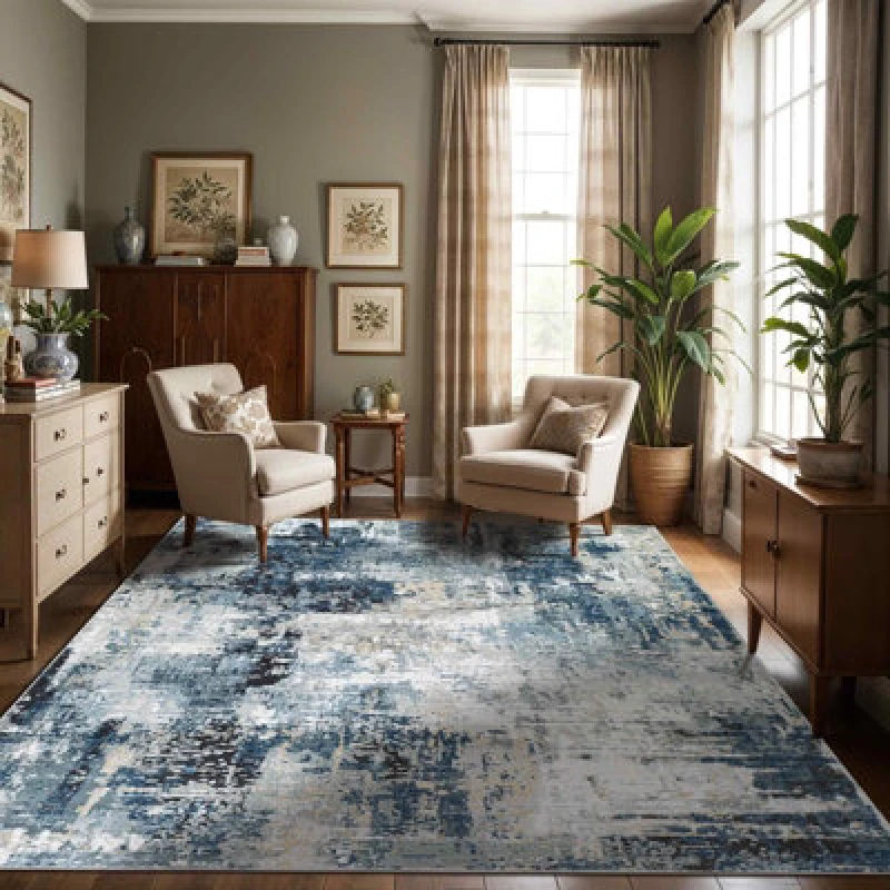 Image of Livabliss Abstract Modern Marble Denim Lena Area Rug 160 X 220 Cm - Easy Care, Non Shedding, Ideal For Living Room & Bedroom
