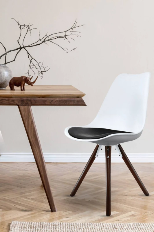 Image of Fusion Living Soho Plastic Dining Chair With Pyramid Dark Wood Legs White & Black FL1805