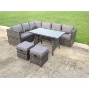 Image of Fimous 6 Seater Outdoor Dark Grey Mixed Rattan Corner Sofa Set with Rectangular Dining Table and 2 Stools