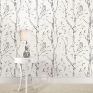 image of Wallpops Owls In The Woods Grey Peel Stick Wallpaper L5500mm W520mm