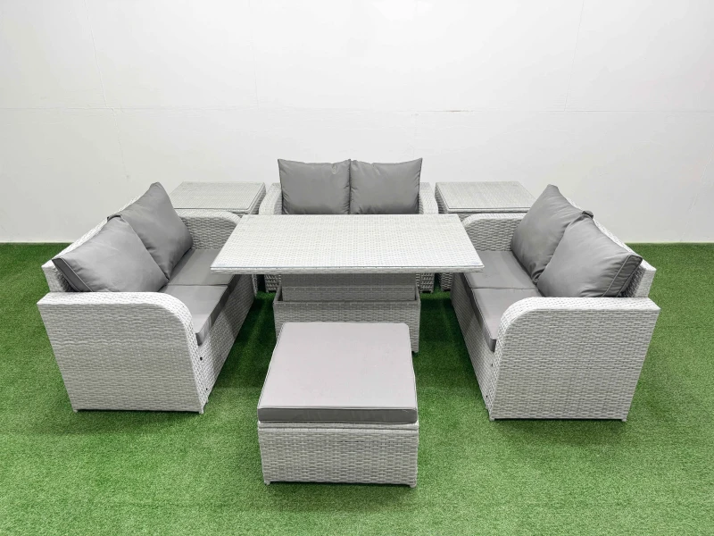 Image of Fimous 7 Seater PE Wicker Rattan Furniture Sofa Sets with Adjustable Lifting Dining or Coffee Table 2 Seater Love Sofa Big Footstool 2 Side Table Ligh