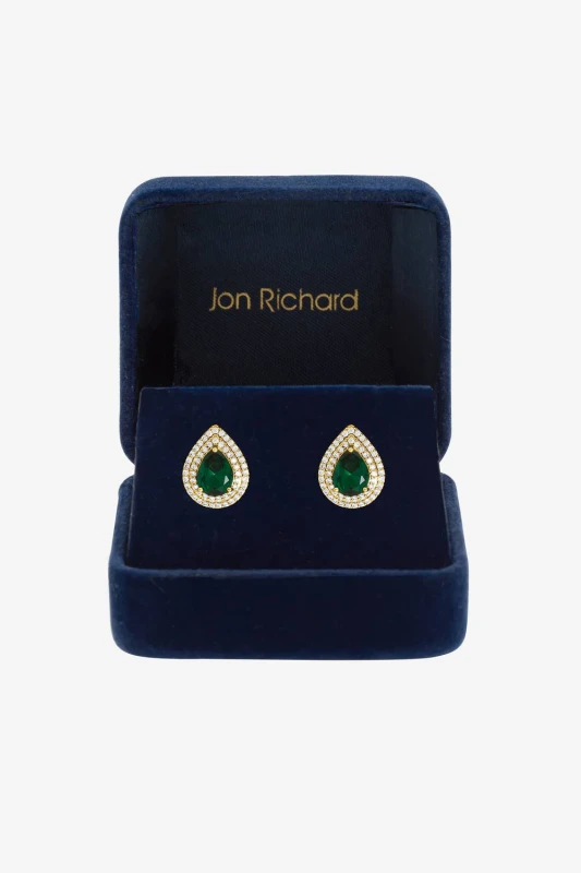 Image of Jon Richard Womens Gold Plated Cubic Zirconia Emerald Pear Stud Earrings Gold Female One Size