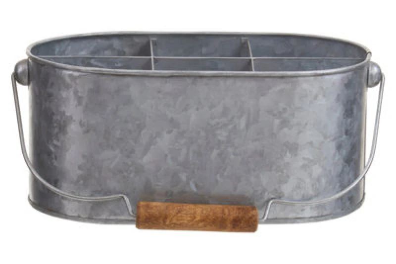 Image of Orsina Oblong Caddy, Rustic Metal Storage Caddy With Wooden Handle, Ideal For Organising Cleaning Supplies,