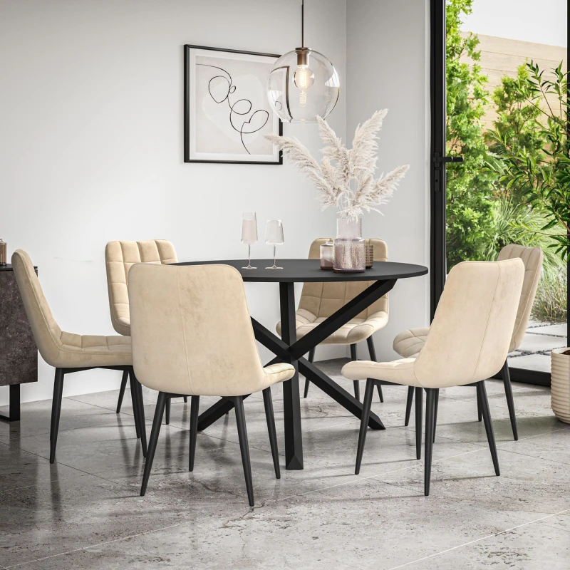 Image of More4Homes Malvern Round Dining Table And Chairs - Black Table Top W Solid Black Oak Legs + Nova Velvet Dining Chair Set Of 6 (Beige)