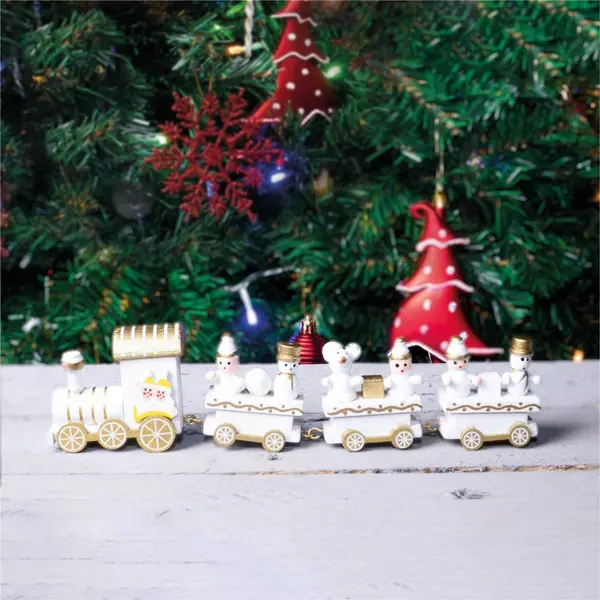 Image of Wooden Christmas Train Set Display In White and Gold ELV-879438