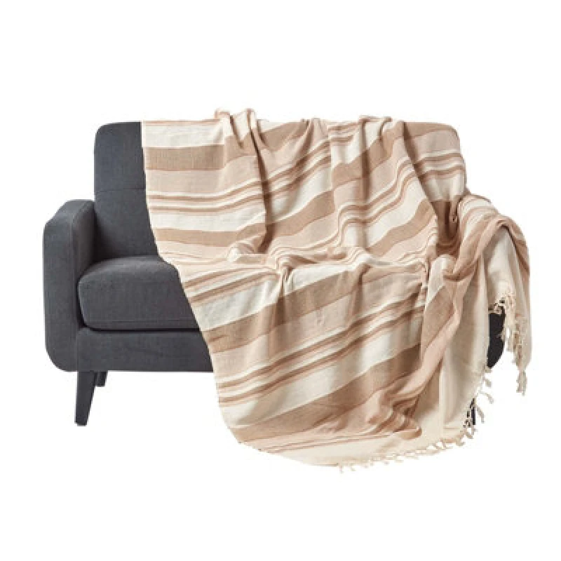 Image of Homescapes Cotton Morocco Striped Beige Throw, 150 X 200 Cm