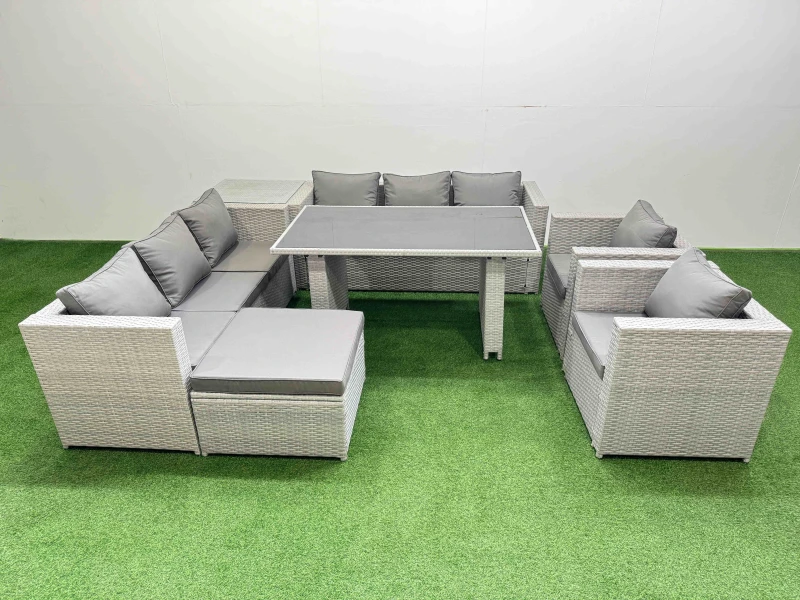 Image of Fimous 9 Seater Outdoor Dining Table 3 Seater Sofa Set with Side Table Stool in Light Grey Light Grey Unisex