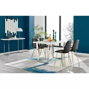 Image of Kylo White High Gloss Dining Table & 4 Black Corona Faux Leather Dining Chairs with Gold Legs Diamond Stitch - Black