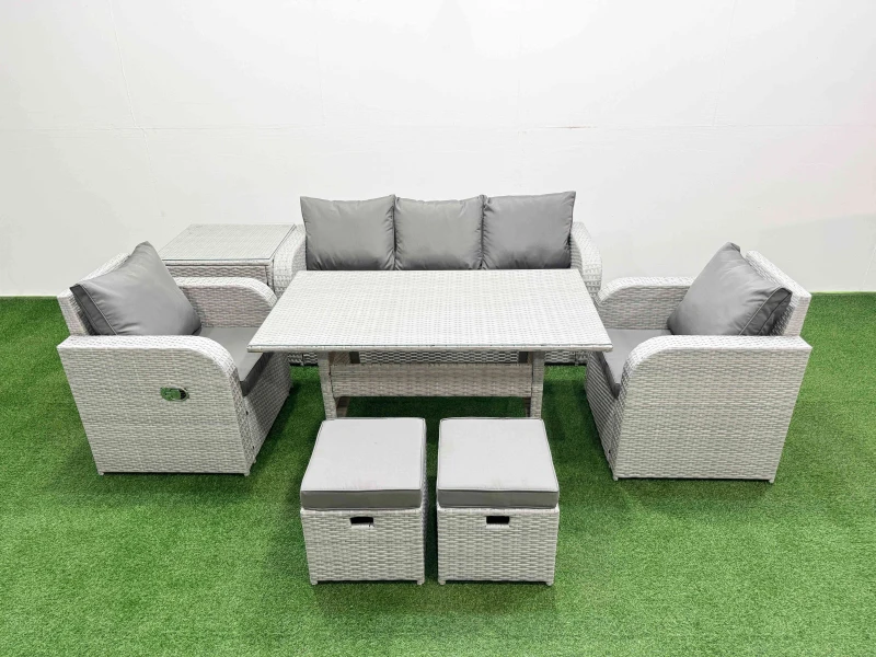 Image of Fimous PE Rattan Garden Furniture Set Reclining Chair Sofa Lounge Sofa Set Rectangular Dining Table Side Table 2 Small Stools Light Grey Light Grey