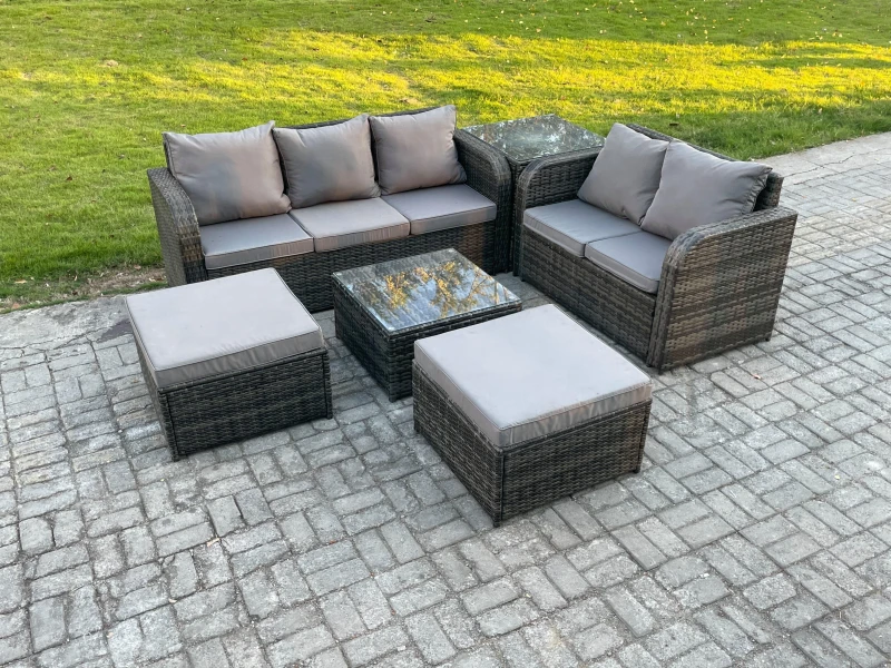 Image of Fimous High Back Rattan Garden Furniture Set with Square Coffee Table Big Footstool Side Table Outdoor Patio Lounge Sofa Set Dark Grey Mixed Dark Grey