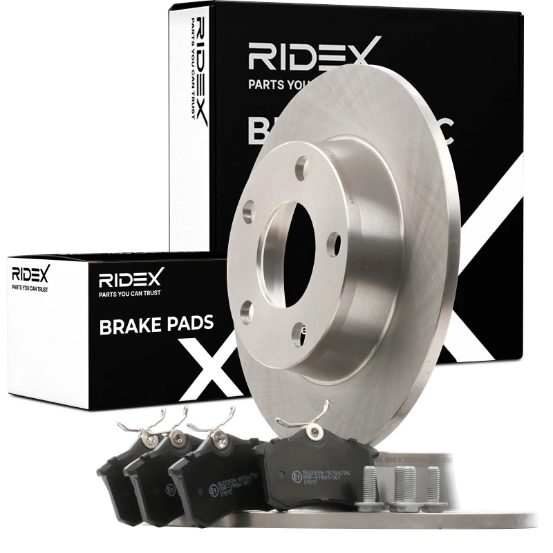 Image of RIDEX 3405B0418 Brake disc and pads set Rear Axle, Brake Disc Type: Solid Brake Set,disc brakes (3405)