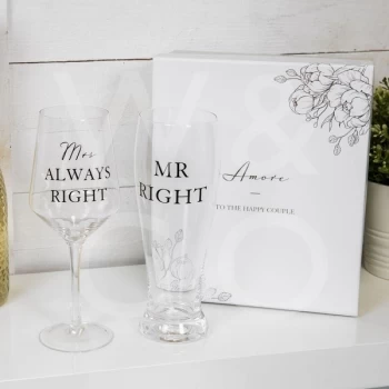 image of AMORE BY JULIANA Luxury Beer & Wine Glass Set - Mr & Mrs