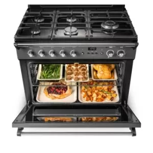 Image of Rangemaster CLAS90FXDFFBL/B Classic FX 90cm Dual Fuel Cooker, Black, Brass Trim