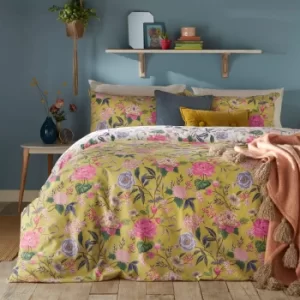 Image of Furn. Azalea Bamboo Floral Reversible Duvet Cover and Pillowcase Set Green/Pink/Yellow