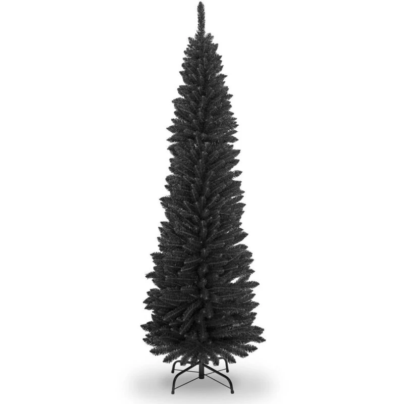 Image of Shatchi 7FT Artificial Black Flocked Slim Christmas Pencil Tree Holiday Home Decorations with Pointed Tips and Metal Stand Black