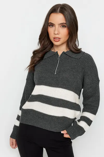 image of PixieGirl Petite Zip Collar Knit Jumper Grey