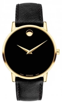 image of Movado Mens Mueseum Black Leather Gold Plated Case 0607195 Watch