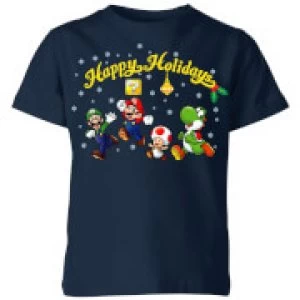 Image of Nintendo Super Mario Good Guys Happy Holidays Kid's Christmas T-Shirt - Navy - 11-12 Years