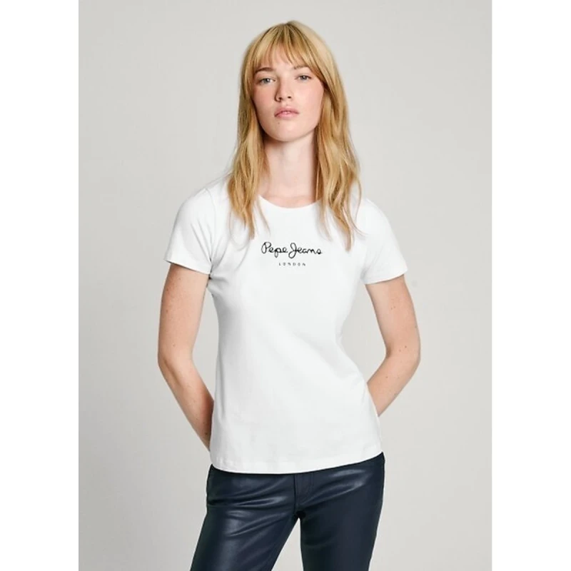 Image of Pepe Jeans Logo Print T-Shirt with Short Sleeves White Cotton XL