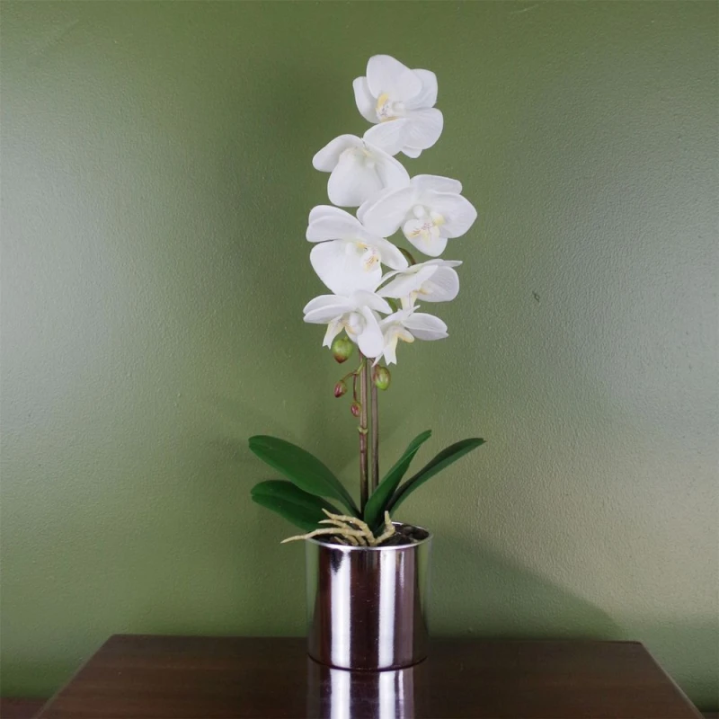 Image of Leaf Artificial Orchid White with Silver Pot 46cm Botanik White