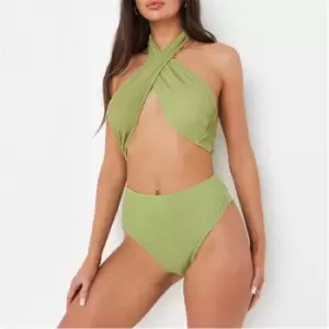 image of Missguided Crinkle High Waisted High Leg Bikini Bottoms - Green