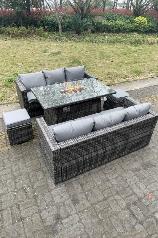 Image of Fimous Outdoor PE Rattan Garden Furniture Gas Fire Pit Dining Table Lounge Sofa 2 PC Footstools Dark Grey Dark Grey