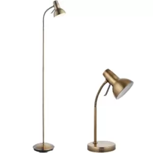 image of Standing Floor & Table Lamp Set Antique Brass Adjustable Neck Living Room Light