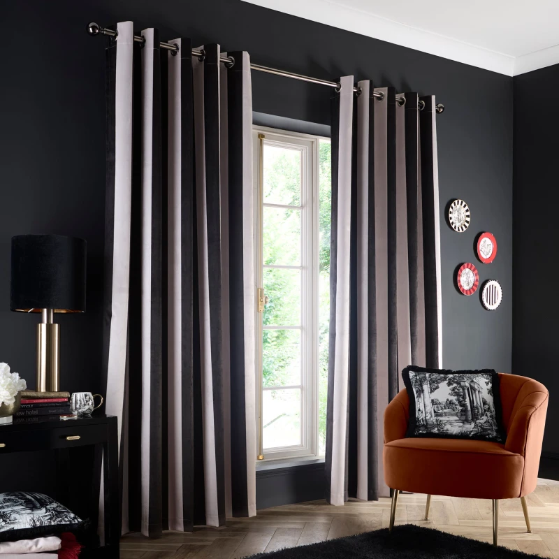 Image of Laurence Llewelyn-Bowen Laurence Llewelyn-Bowen 'Festivo Stripe' Striped Velvet Blackout Pair of Eyelet Curtains Size: 229cm width x 229cm drop Blac