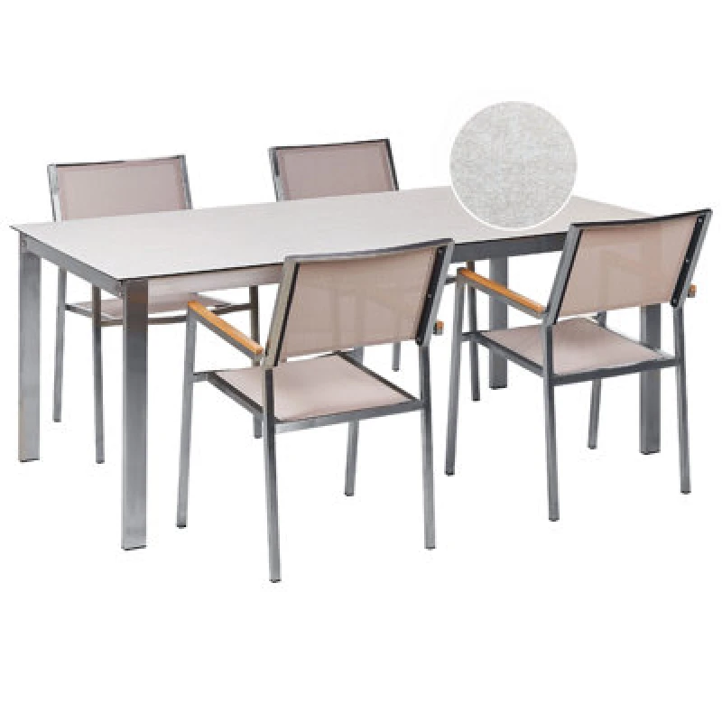 Image of Beliani Garden Dining Set 4 Seater Cosoleto/grosseto Tempered Glass Marble Effect White/ Beige