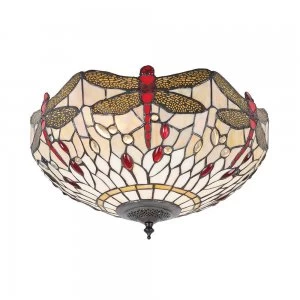 Image of 2 Light Medium Ceiling Flush Light Dark Bronze, Beige, Tiffany Style Glass, E27