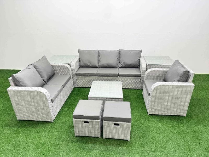 Image of Fimous Patio PE Wicker 8 Seater Outdoor Rattan Furniture Sofa Sets with Square Coffee Table Reclining Chair Loveseat Sofa 3 Seater Sofa Stool 2 Side T