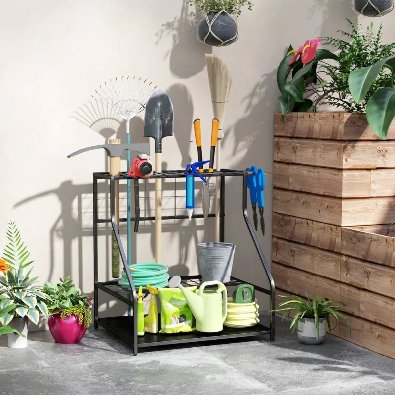Image of OUTSUNNY Garden Tool Storage Rack, 3-Tier Garden Tool Rack with 11 Hooks in Black Unisex