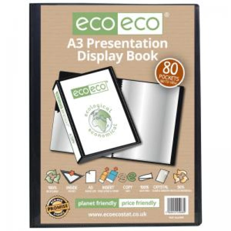 Image of Eco Eco 50% Recycled Presentation Display Book 80 Pockets A3 Black eco068-S