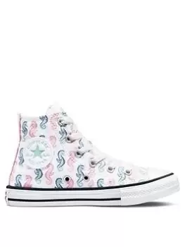 Converse Chuck Taylor All Star Hi Childrens Girls Seahorse Print Trainers -White/Multi, Size 13