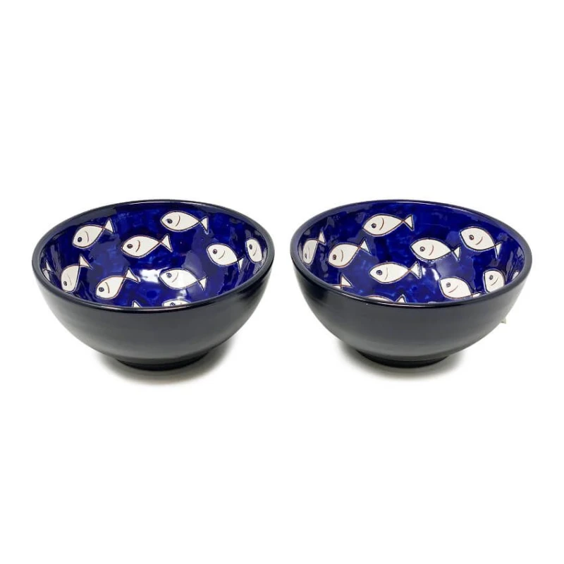 Image of Verano Spanish Ceramics Signature Blue & White Fish Hand Painted Ceramic Set of 2 Mixed Appetiser Bowls (Diam) 15cm Multi unisex