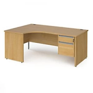 image of Dams International Left Hand Ergonomic Desk with 2 Lockable Drawers Pedestal and Oak Coloured MFC Top with Silver Panel Ends and Silver Frame Corner P