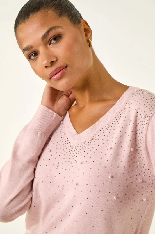 Image of Roman Pearl Sparkle Embellished Jumper Pink