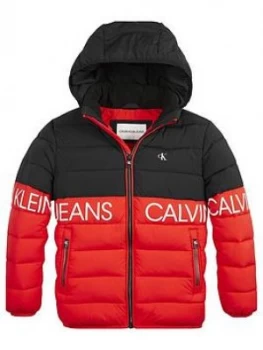 Image of Calvin Klein Jeans Boys Colourblock Hooded Jacket - Red, Size Age: 14 Years